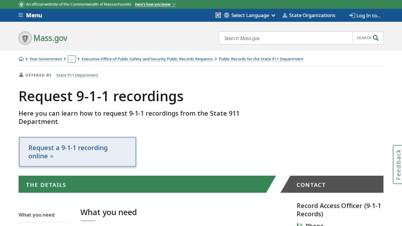 Request 9-1-1 recordings | Mass.gov